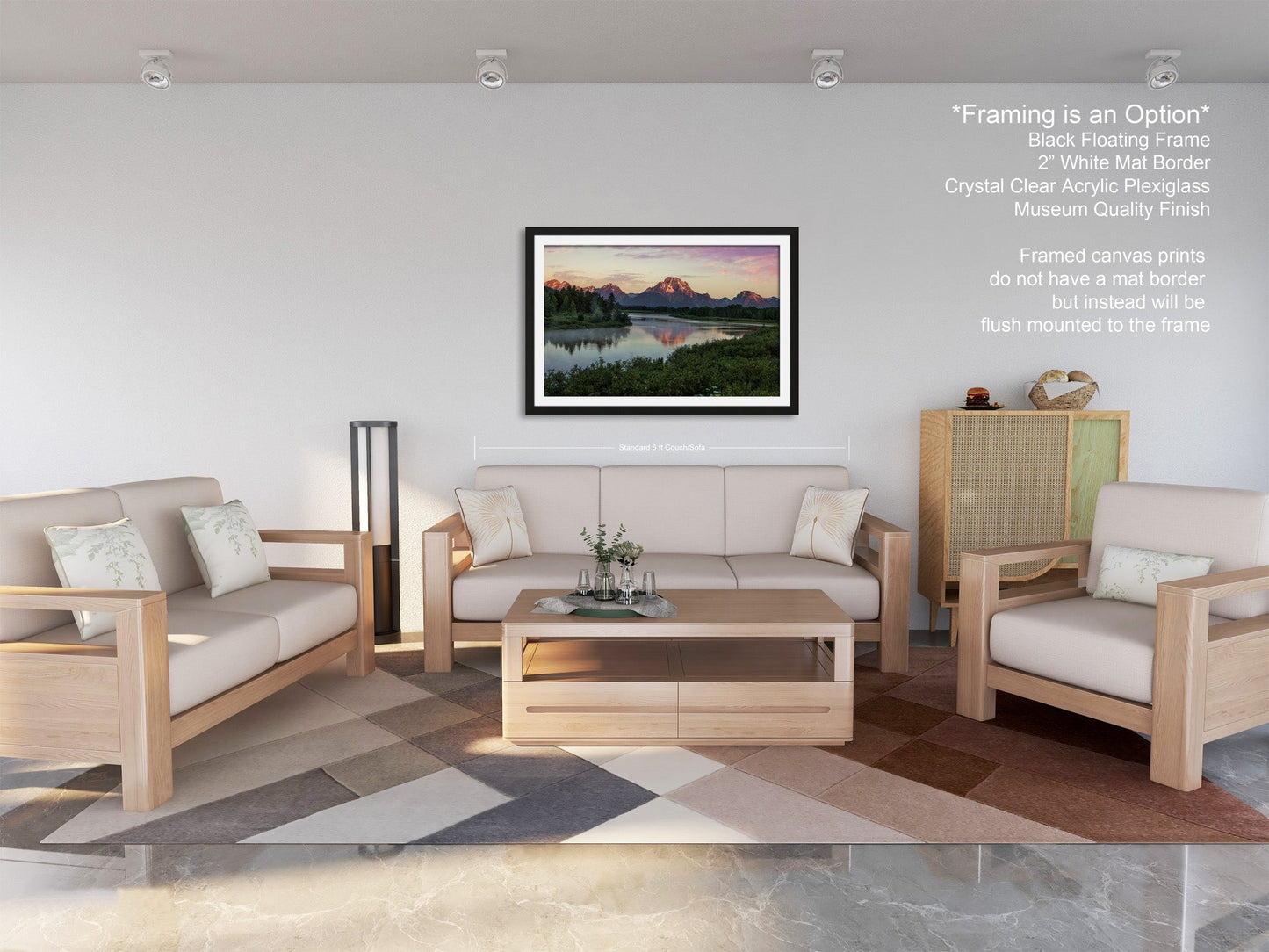 a living room filled with furniture and a painting on the wall