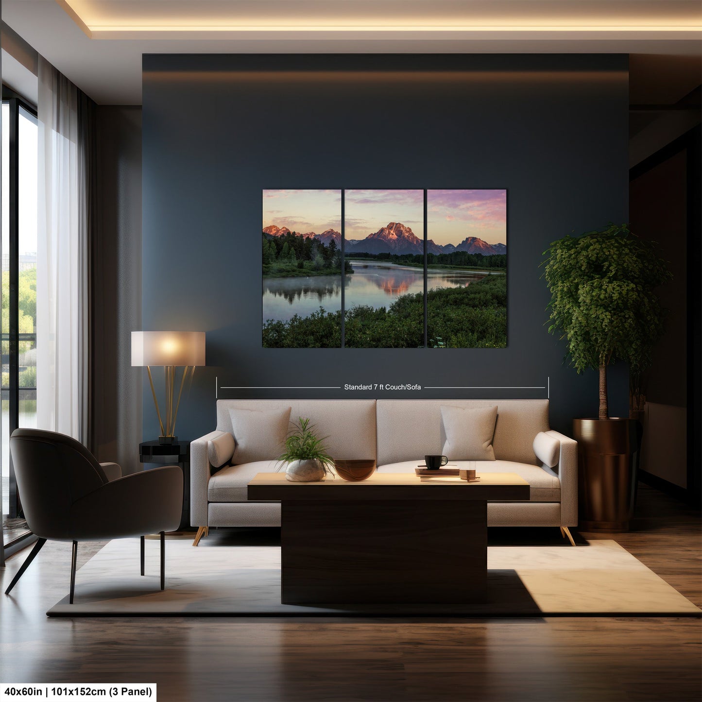a living room filled with furniture and a painting on the wall