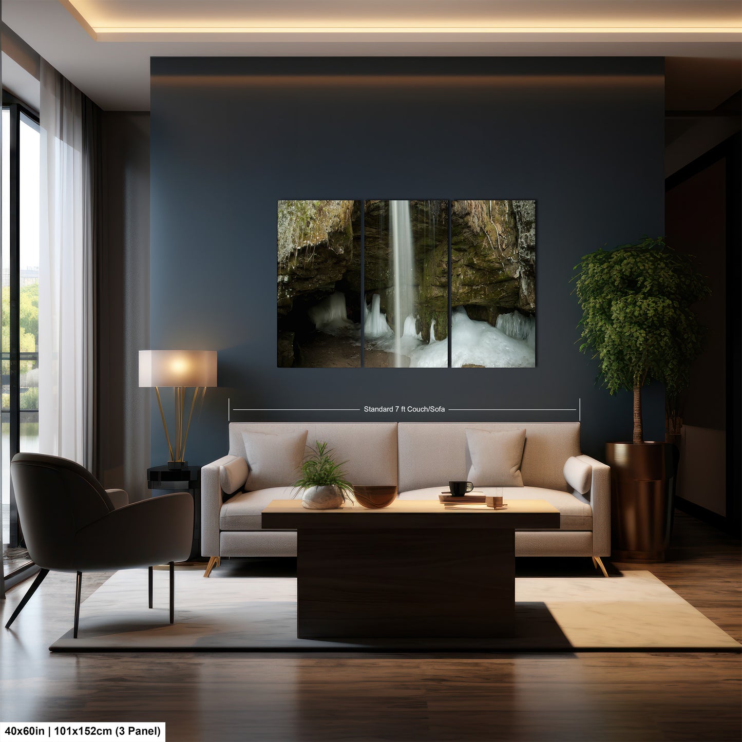 a living room with a couch a table and a waterfall
