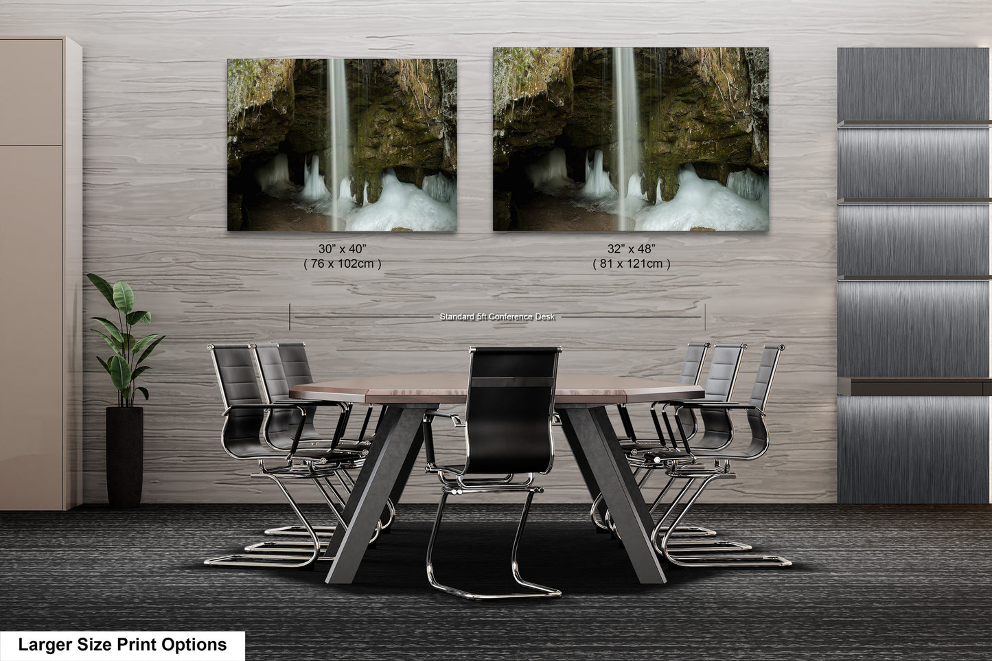 a dining room table with chairs and two pictures on the wall