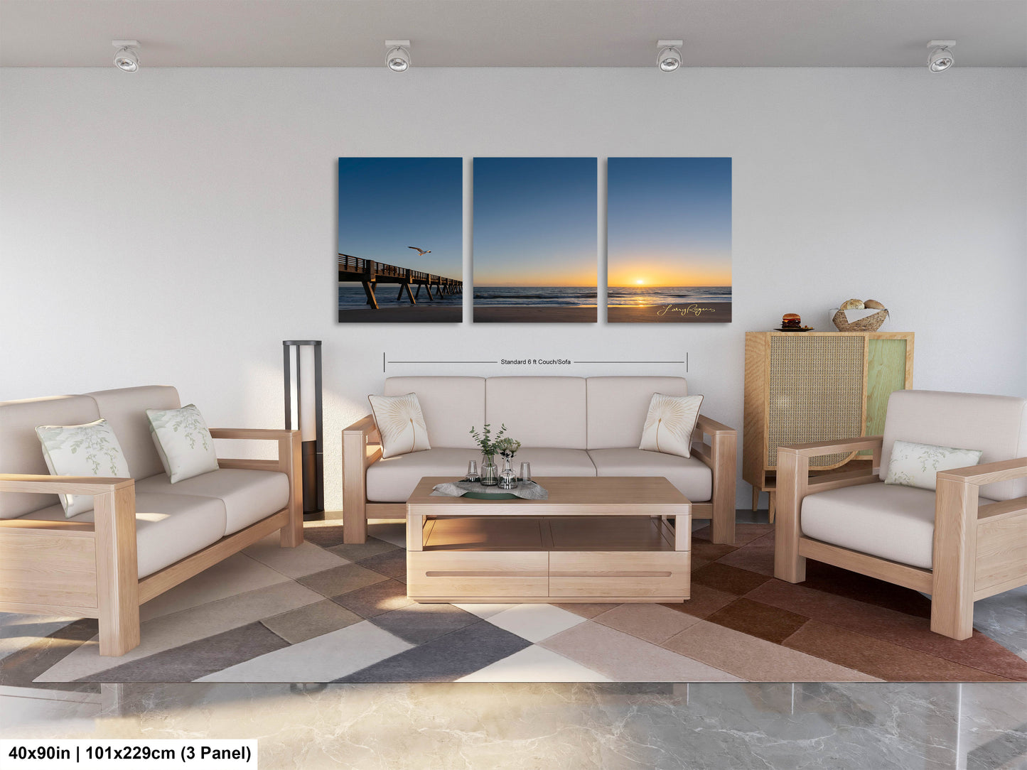 a living room filled with furniture and a painting on the wall