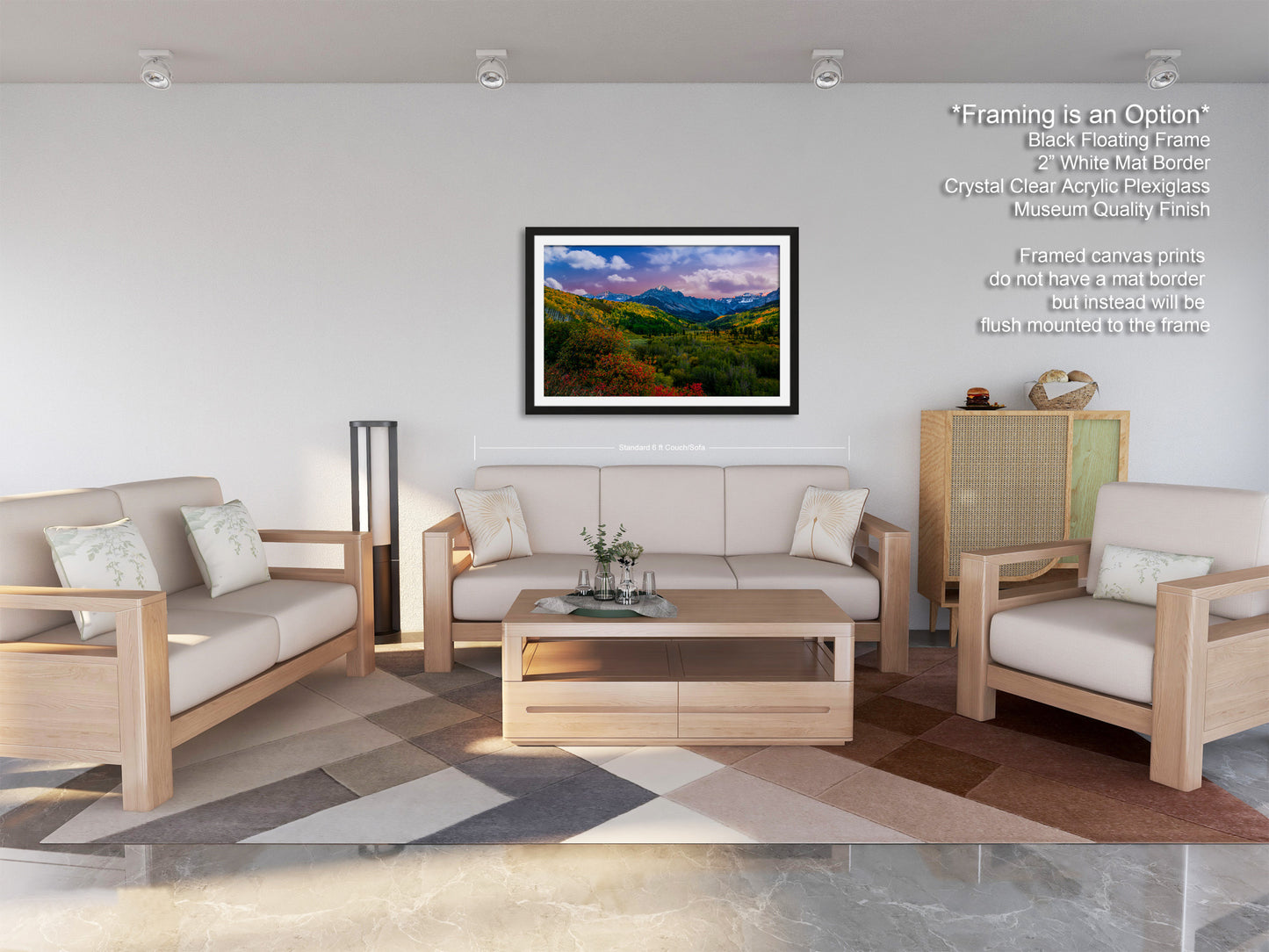 a living room filled with furniture and a painting on the wall