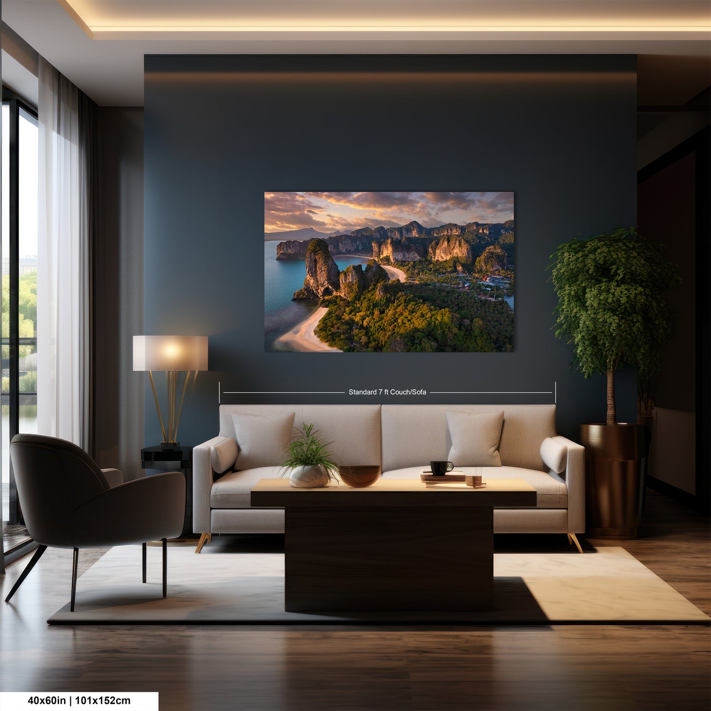 a living room with a large painting on the wall