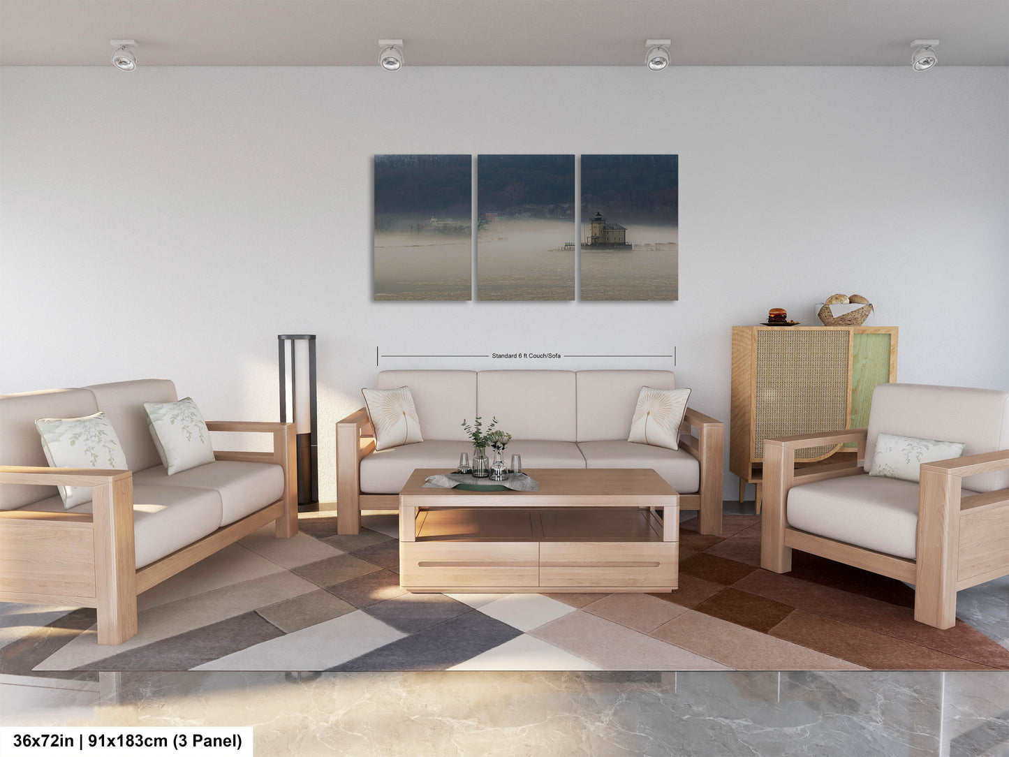 a living room filled with furniture and a painting on the wall