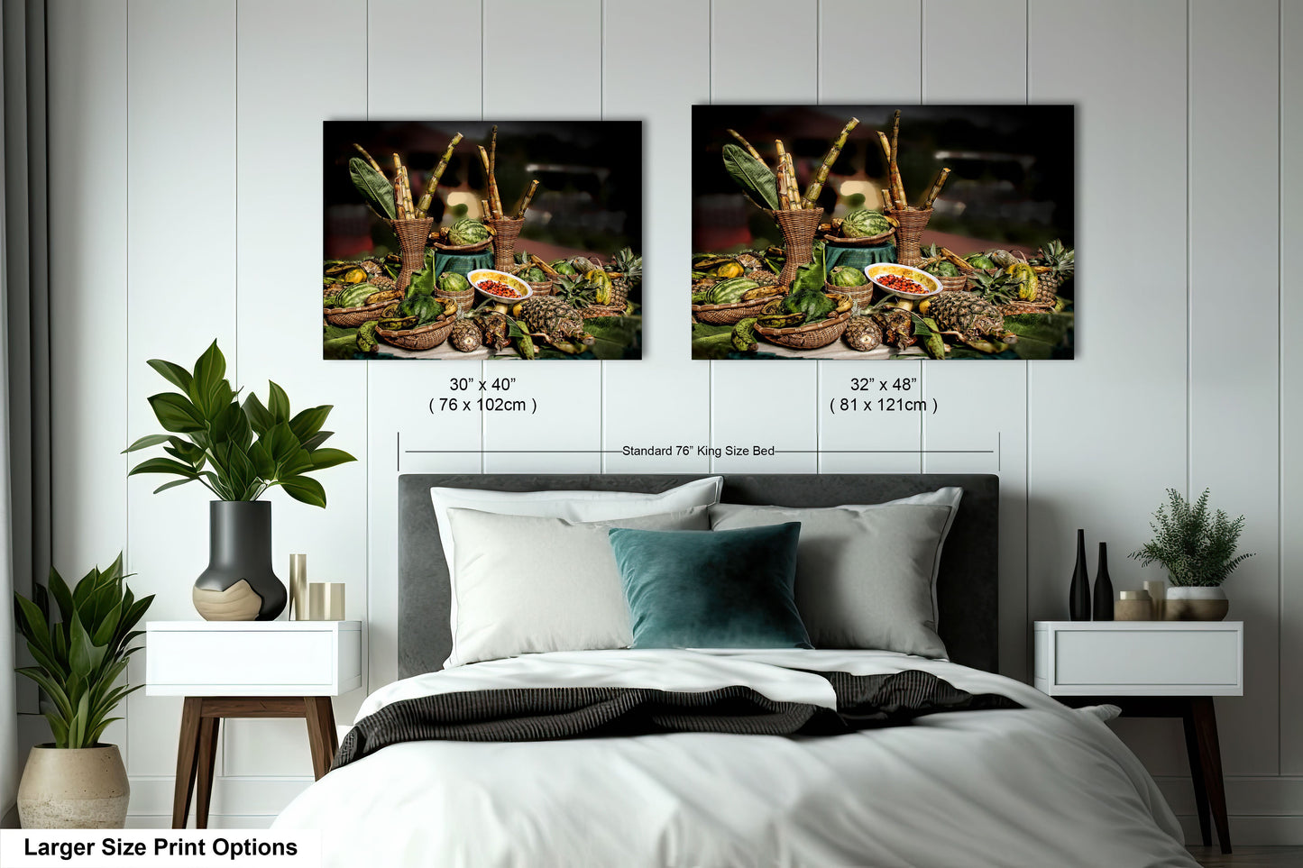 a bed room with two pictures hanging on the wall