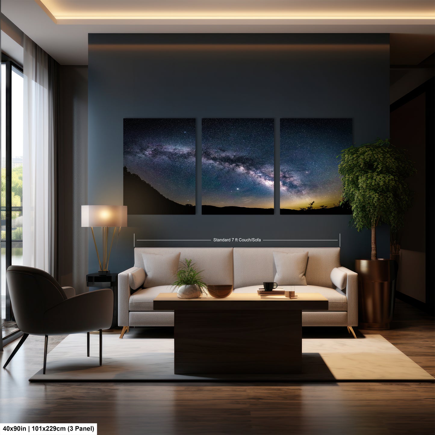 a living room filled with furniture and a large window
