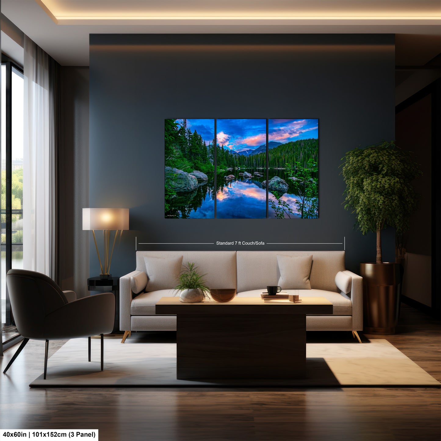 a living room filled with furniture and a painting on the wall