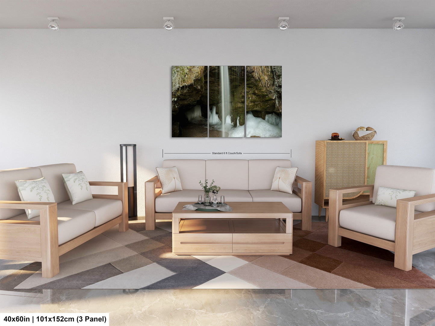 a living room filled with furniture and a painting on the wall