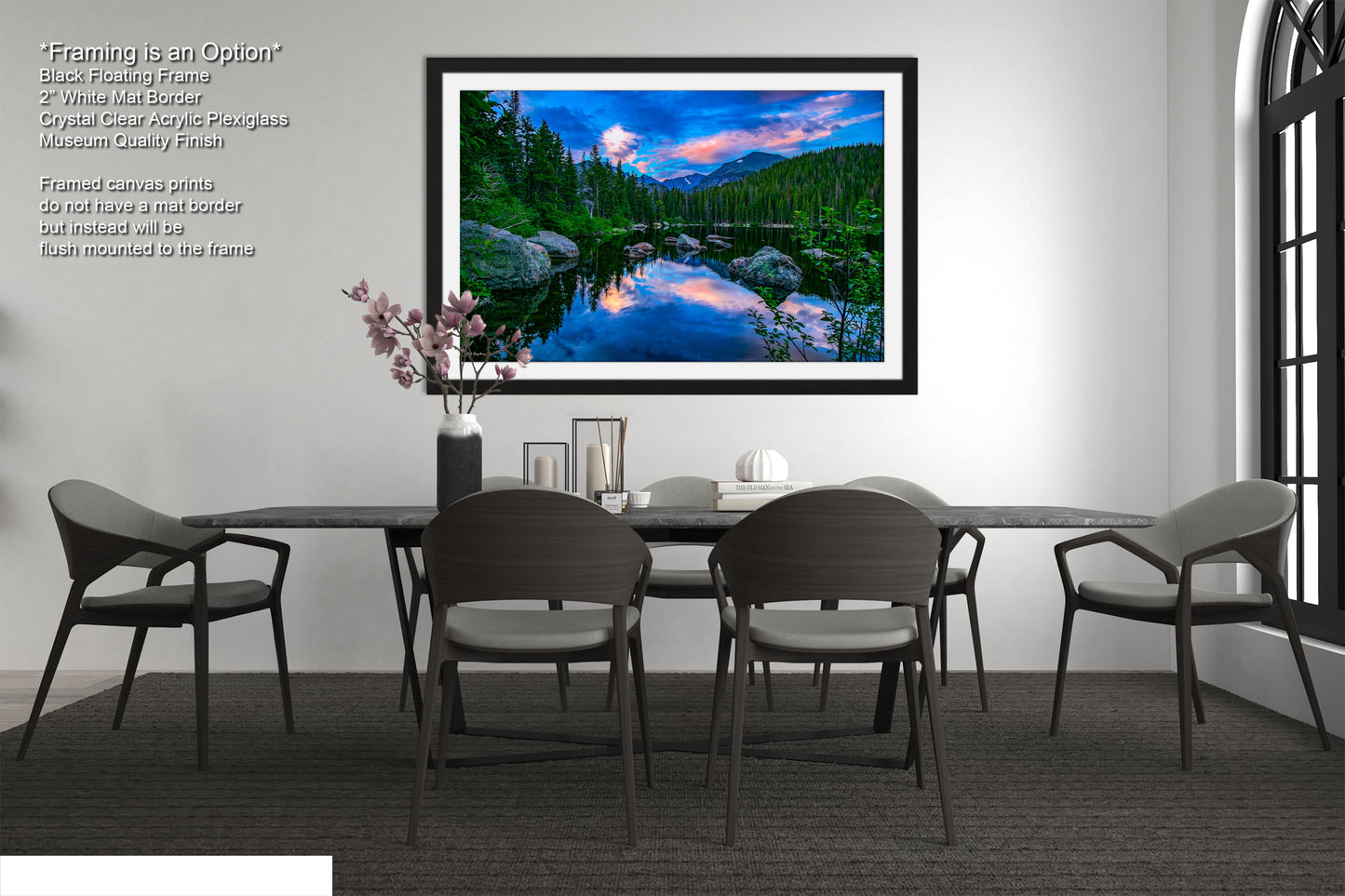 a dining room with a table and chairs