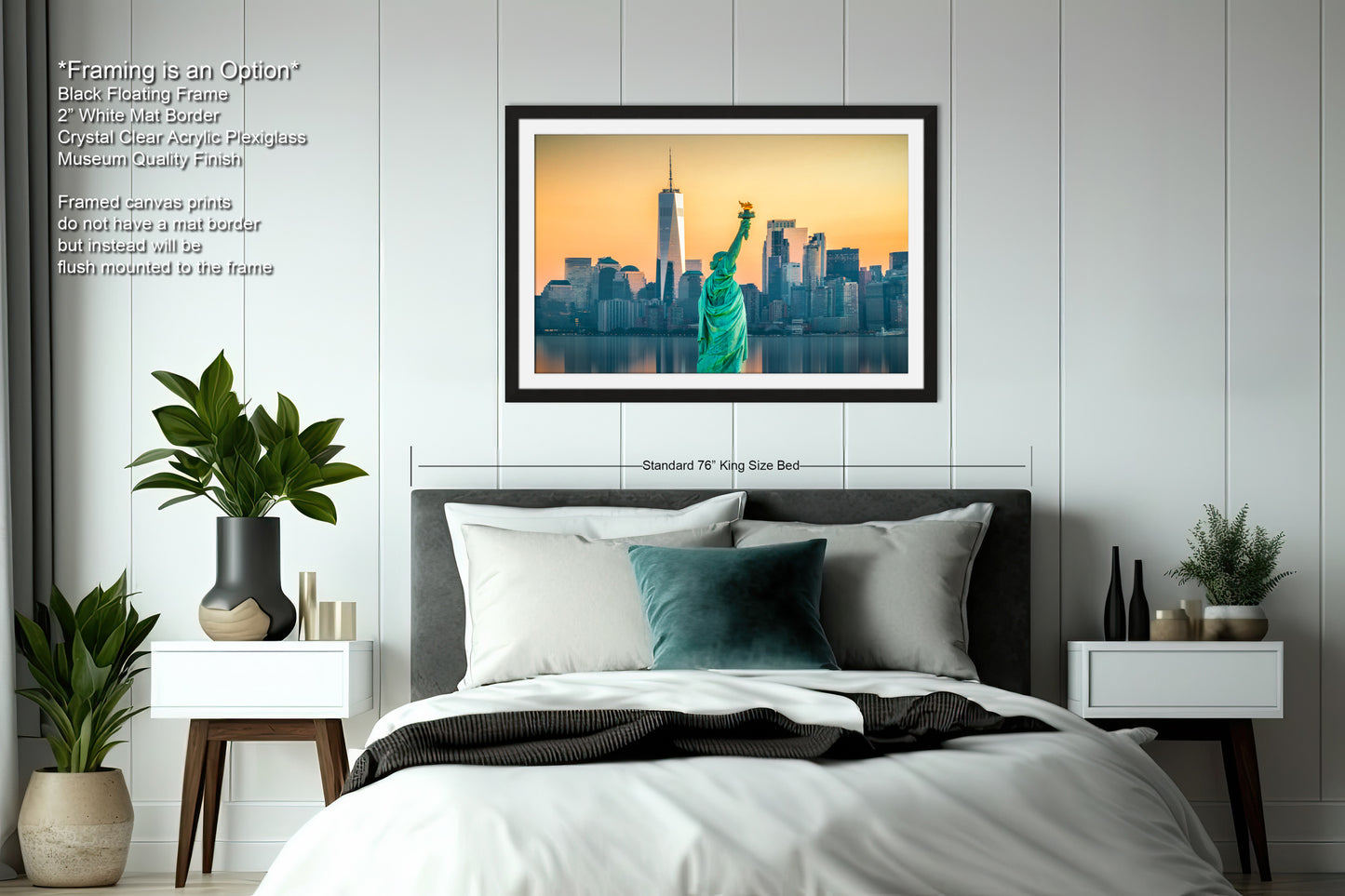 a bedroom with a picture of the statue of liberty