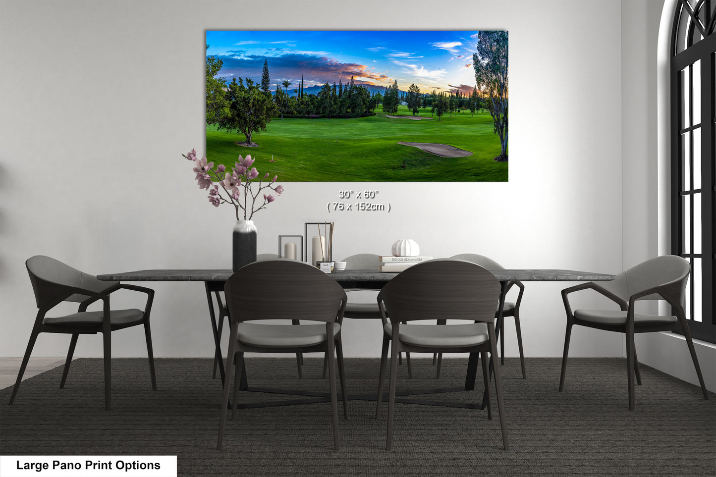 a painting of a golf course in a dining room