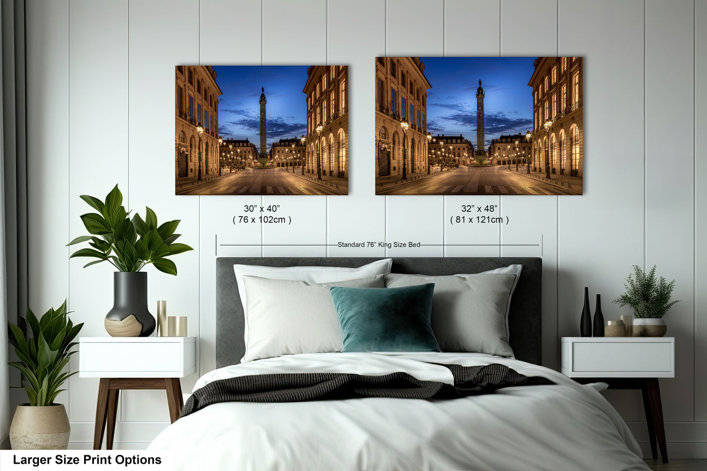 a bedroom with a bed and two pictures on the wall