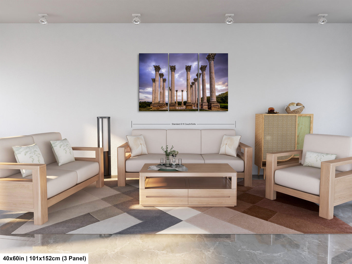 a living room filled with furniture and a painting on the wall