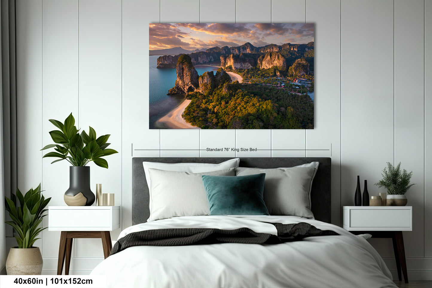 a bedroom with a bed and a painting on the wall