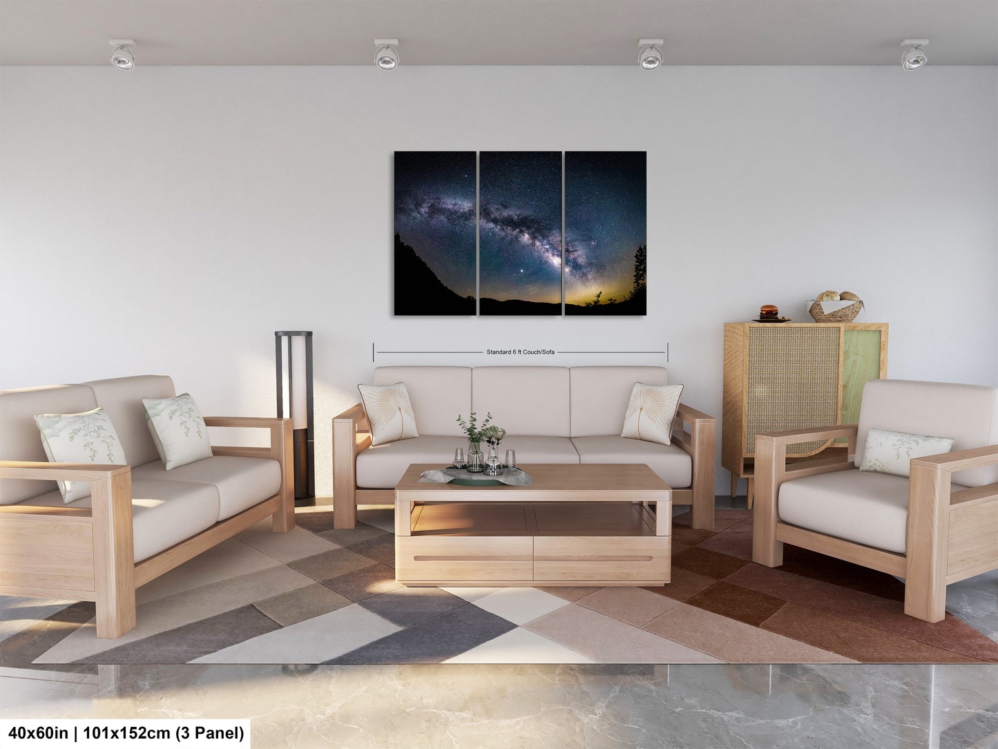 a living room filled with furniture and a painting on the wall