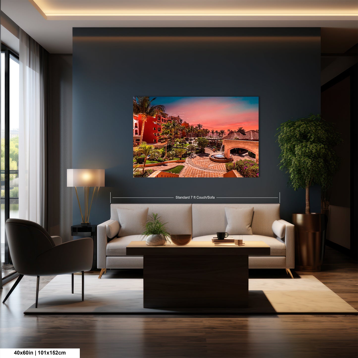a living room with a large painting on the wall