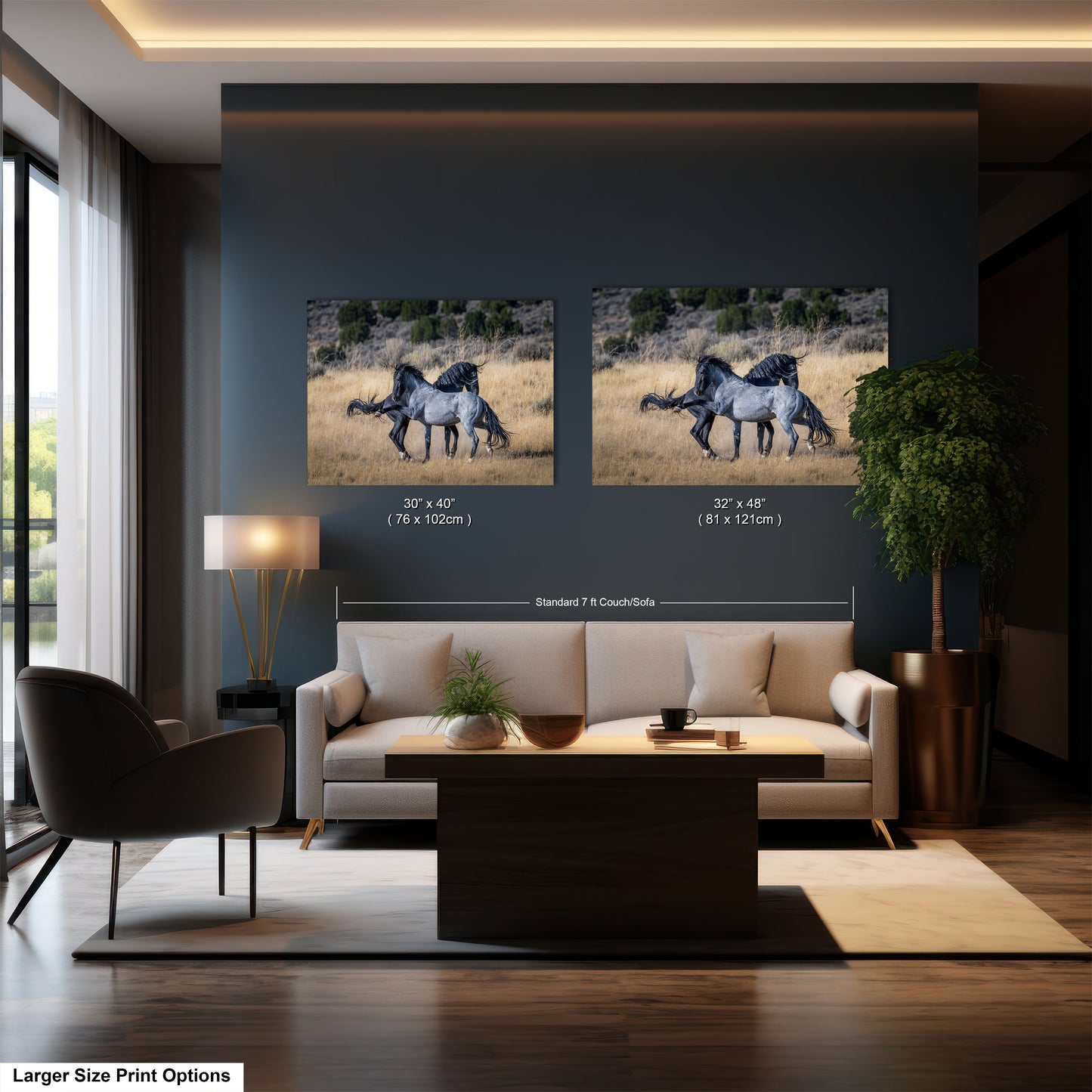 a living room with two pictures of horses on the wall