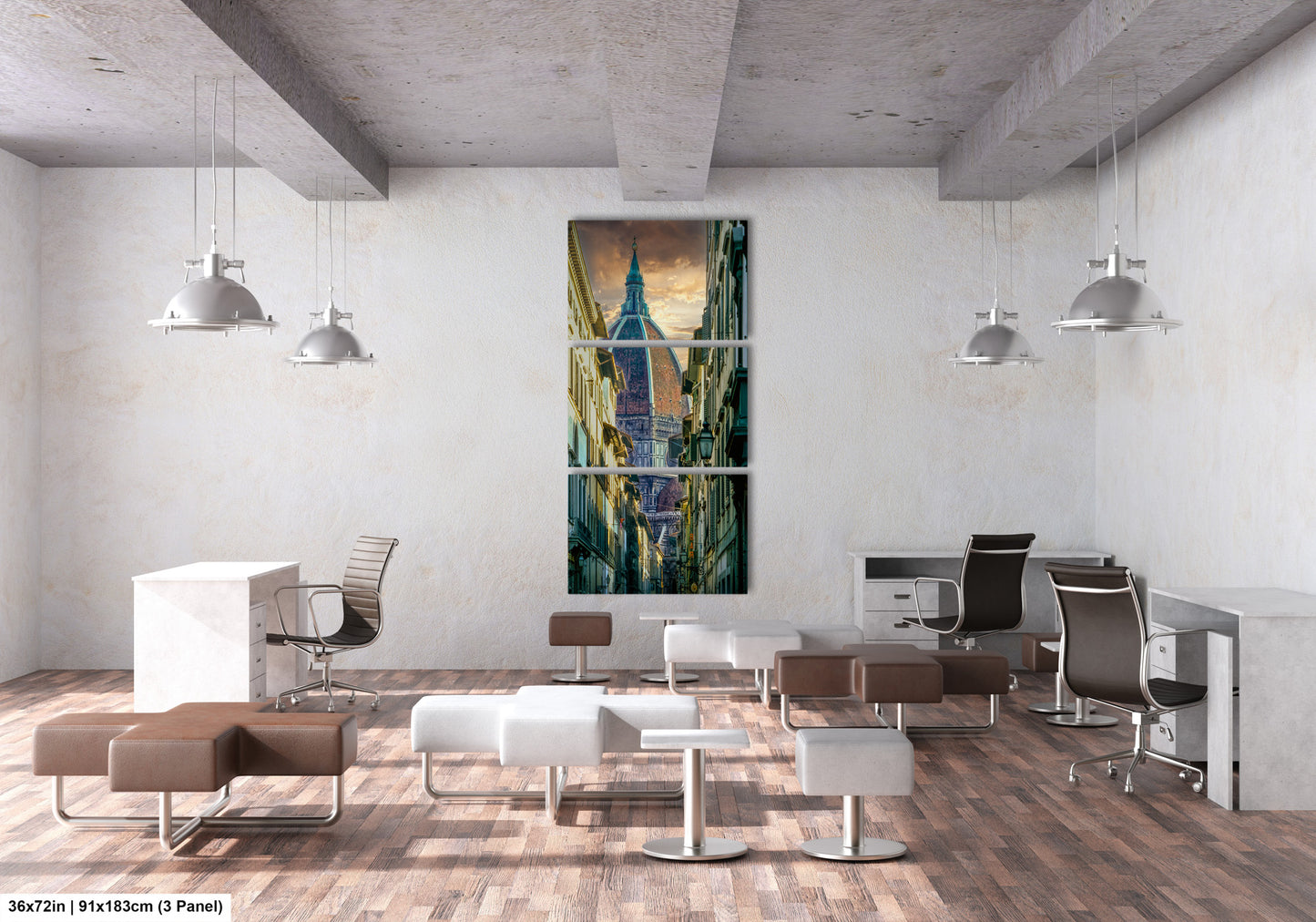 a room with a lot of chairs and a painting on the wall