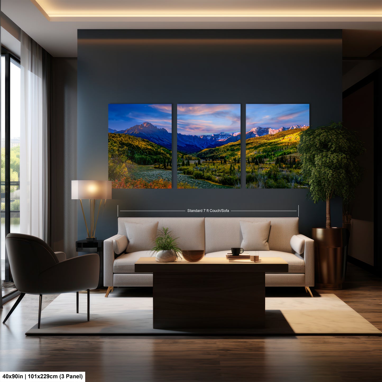 a living room filled with furniture and a painting on the wall