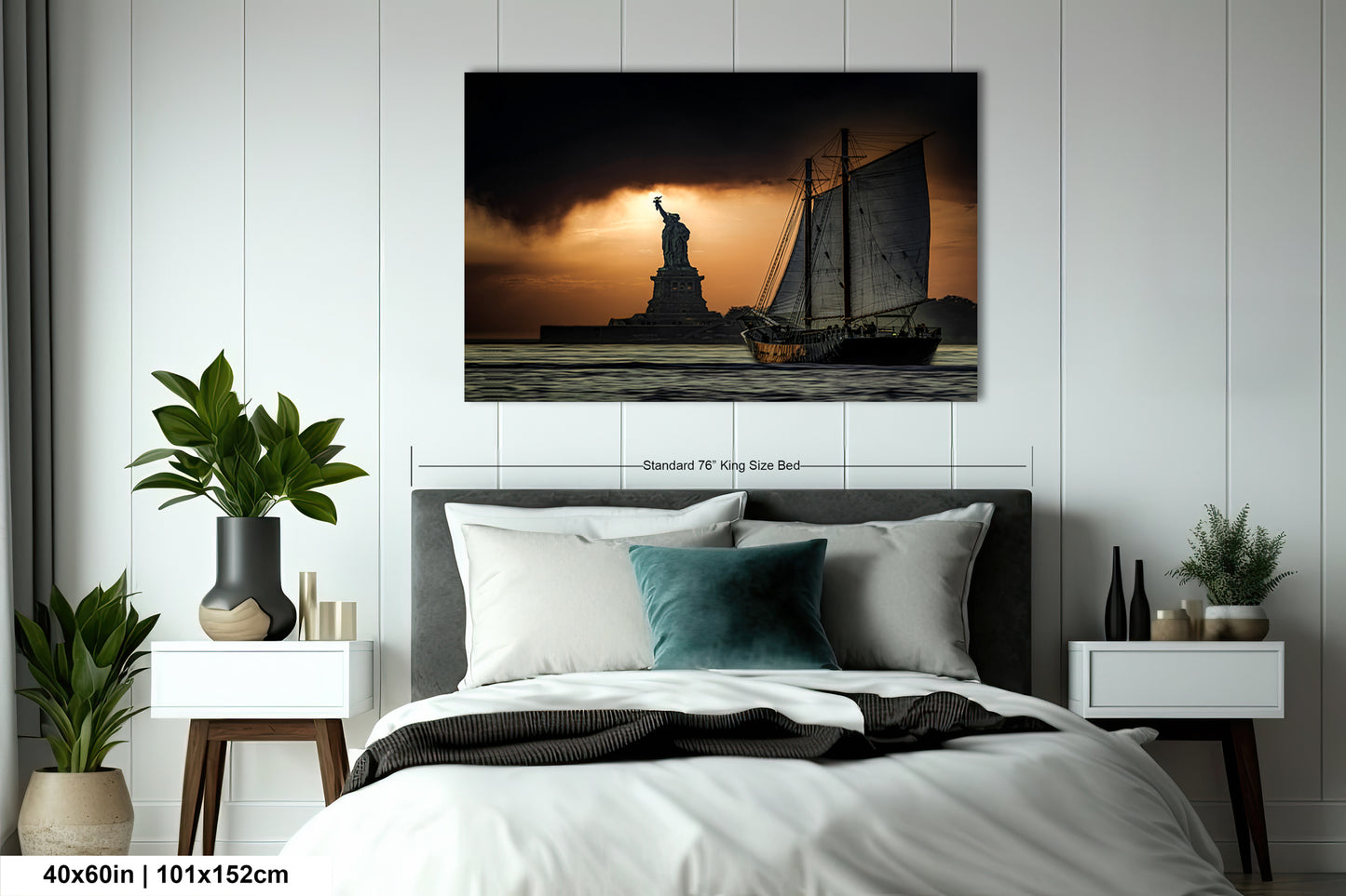 a bed with a picture of the statue of liberty on it