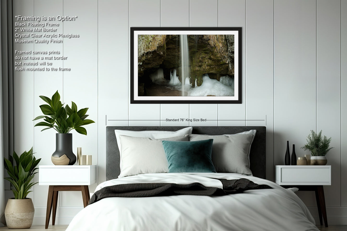 a bedroom with a bed and a picture hanging on the wall