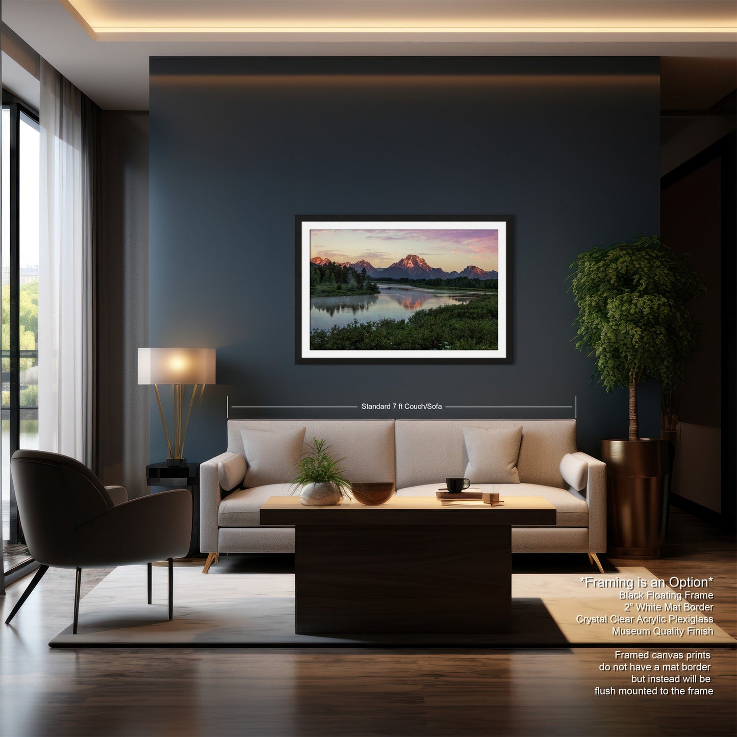 a living room with a couch a table and a painting on the wall