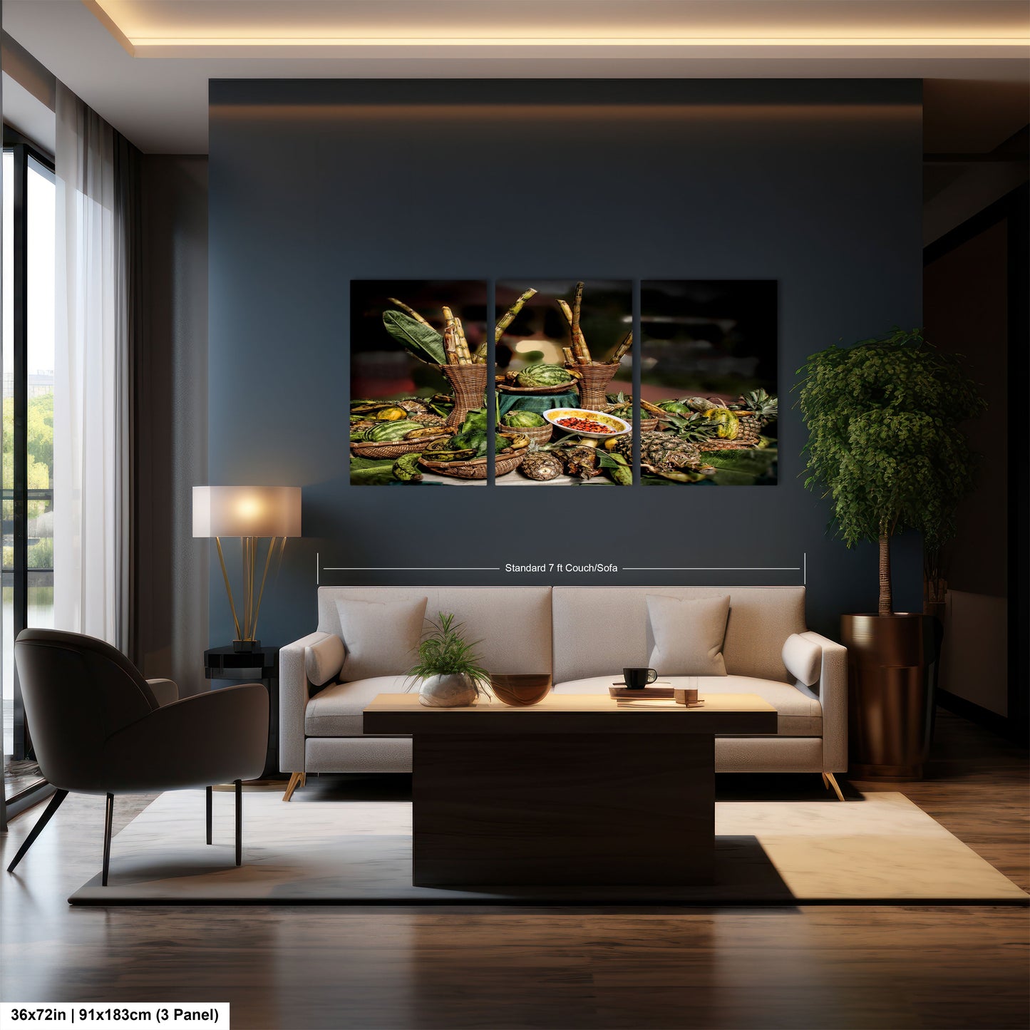 a living room filled with furniture and a painting on the wall
