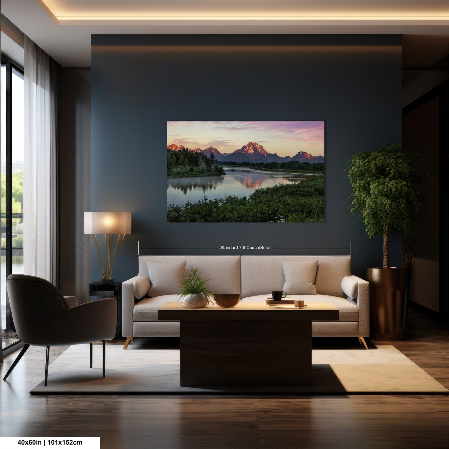a living room filled with furniture and a painting on the wall