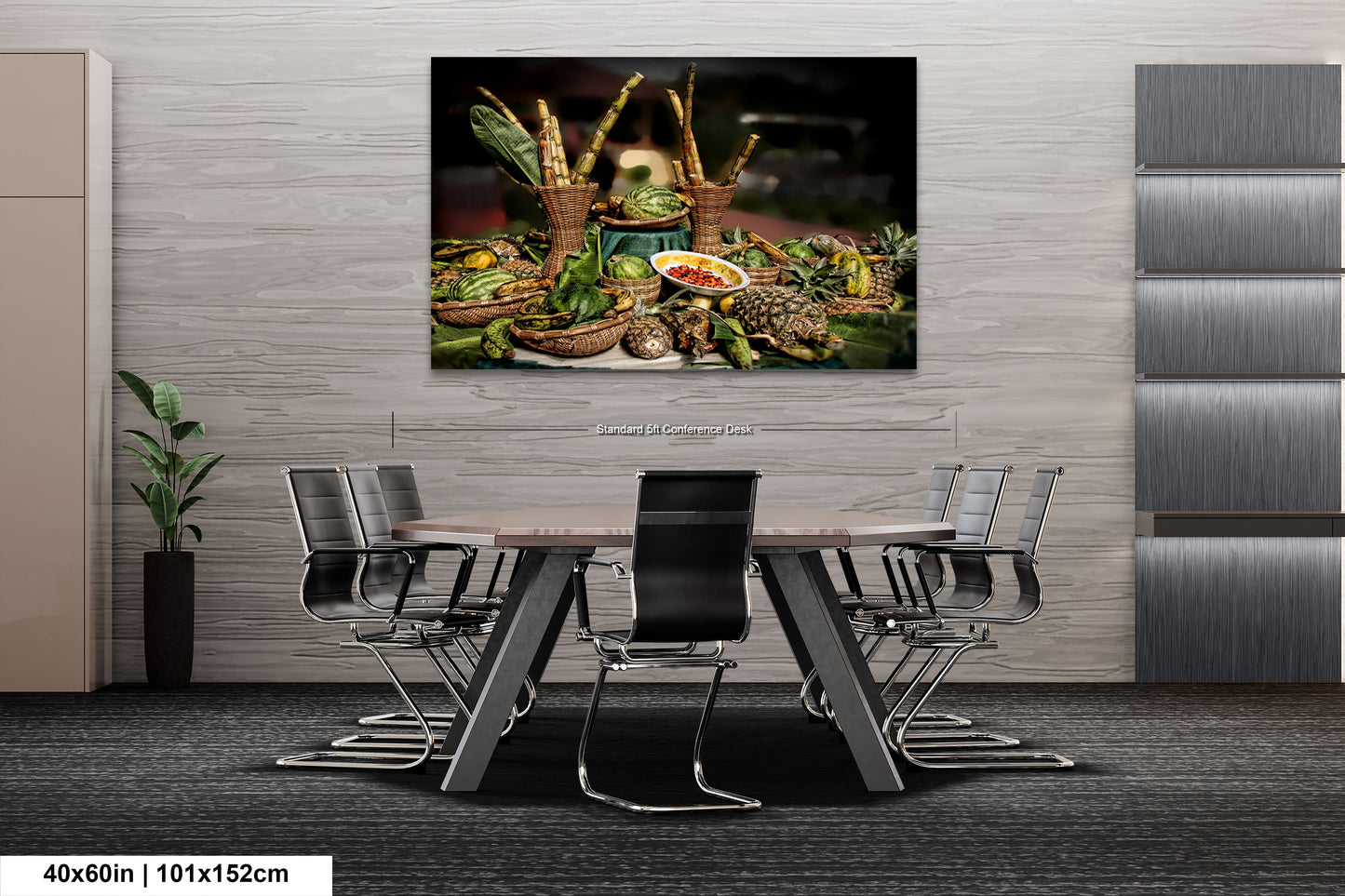 a table with chairs and a painting on the wall