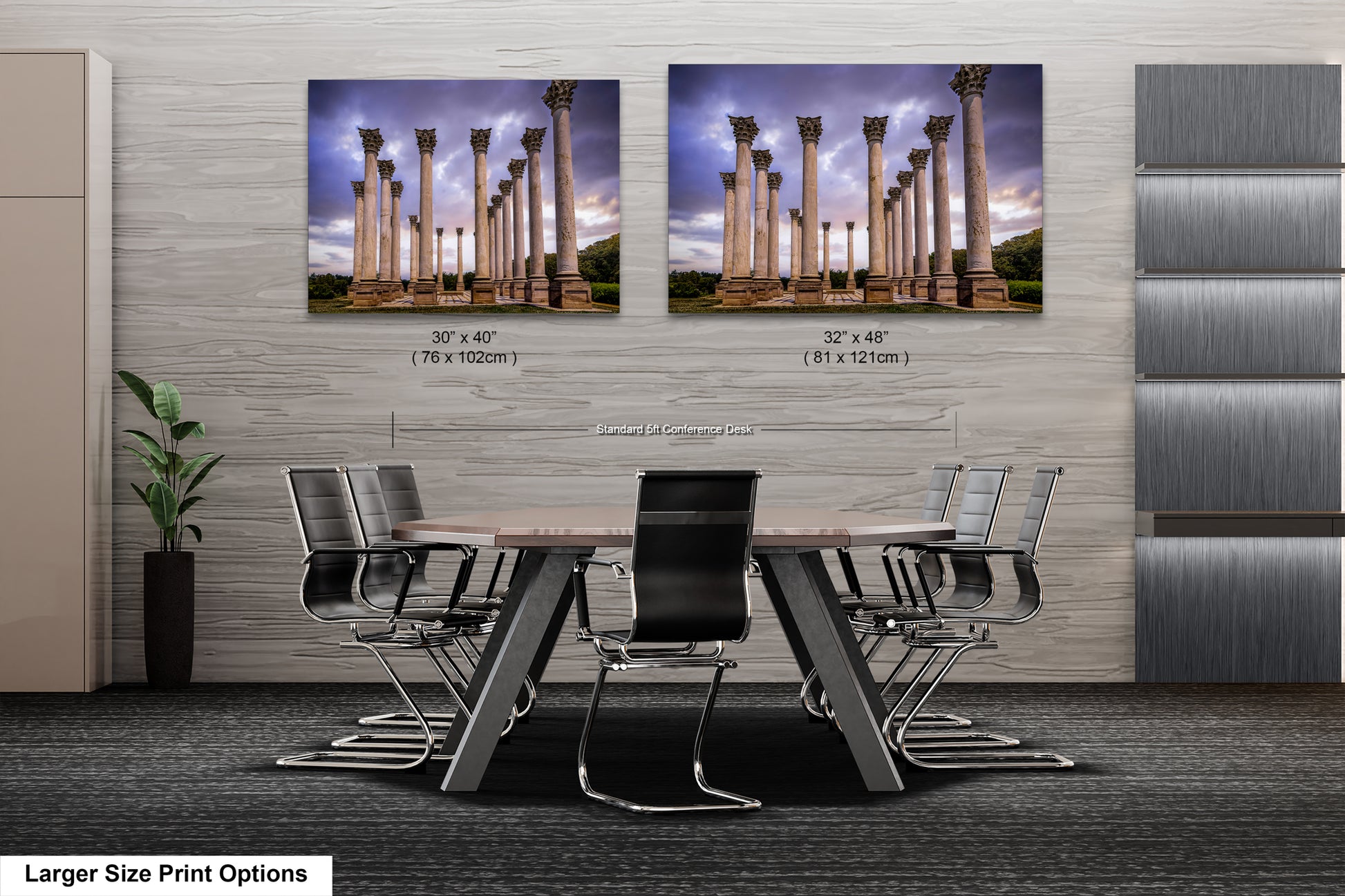a dining room table with chairs in front of a wall with columns