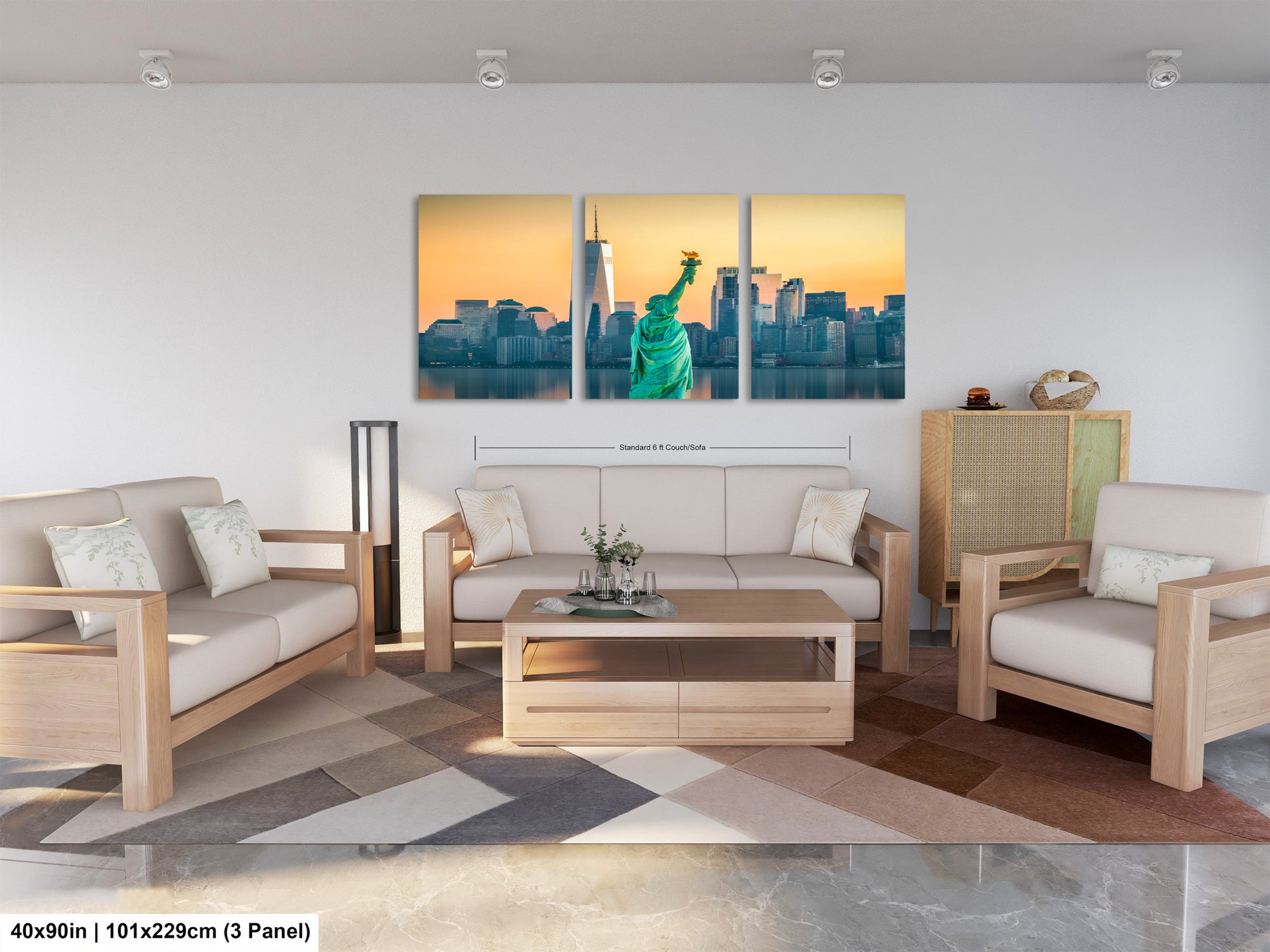 a living room filled with furniture and a painting of the statue of liberty