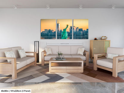 a living room filled with furniture and a painting of the statue of liberty