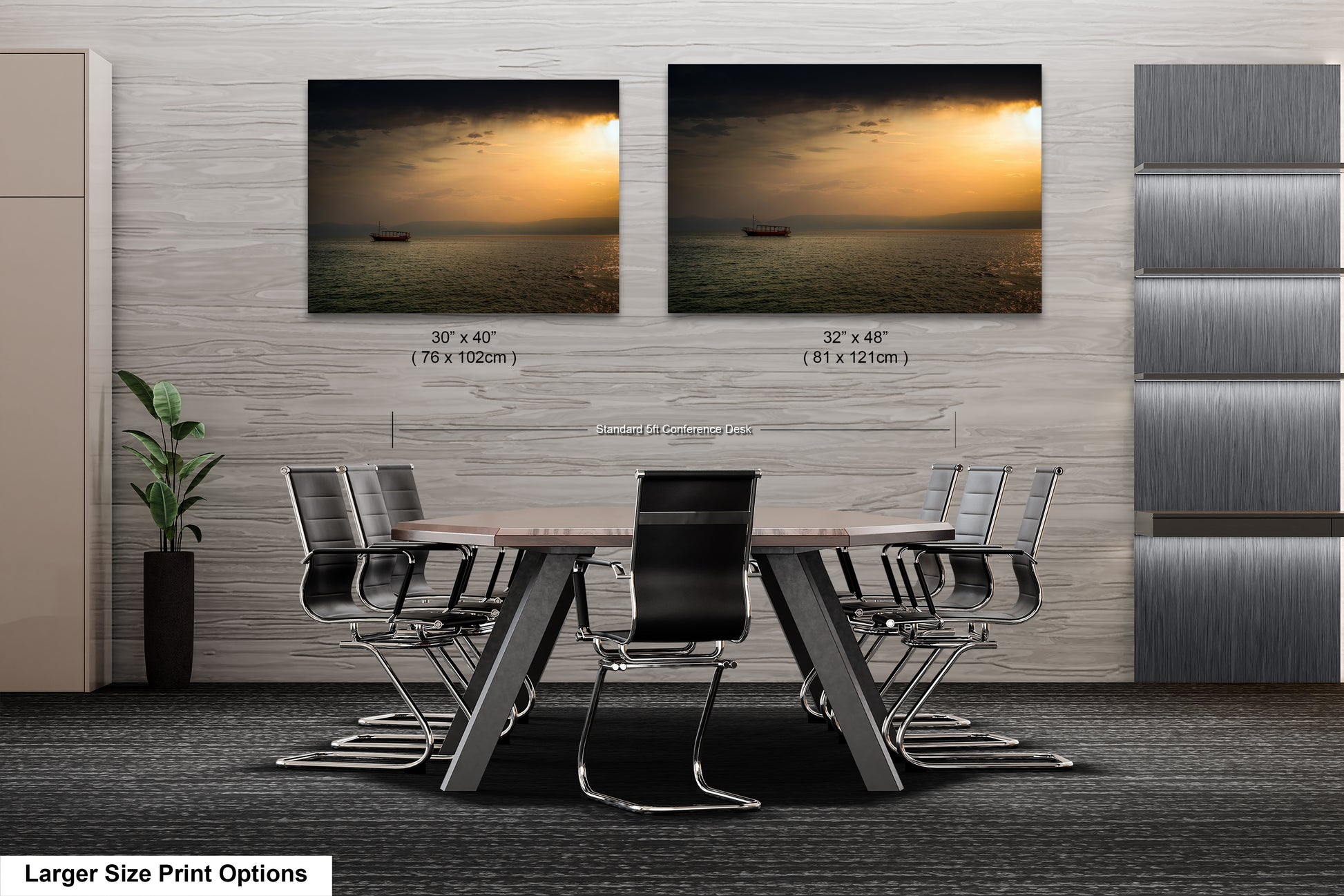 a dining room table with chairs and two pictures on the wall