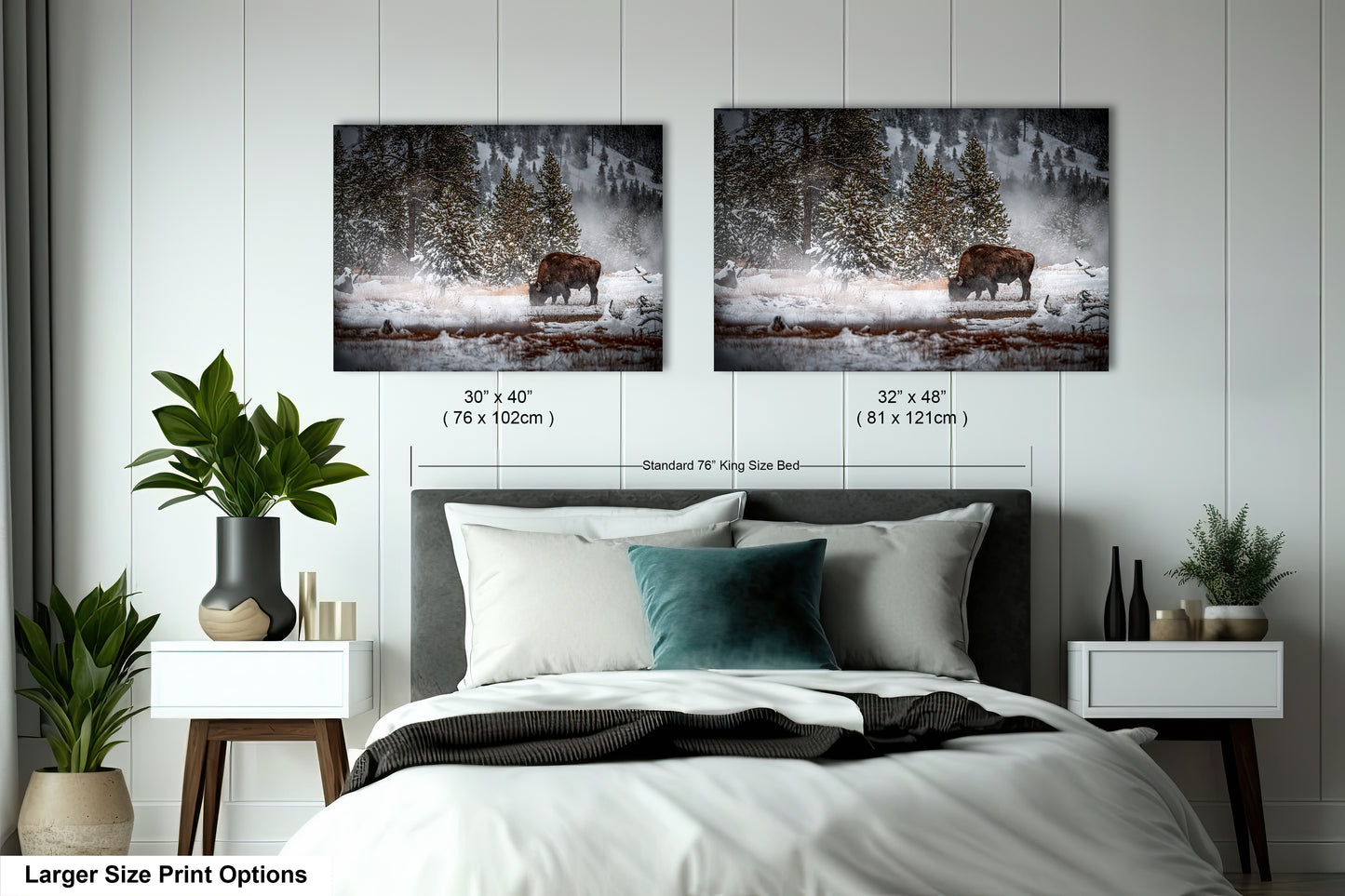 a bedroom with a bed and two pictures on the wall