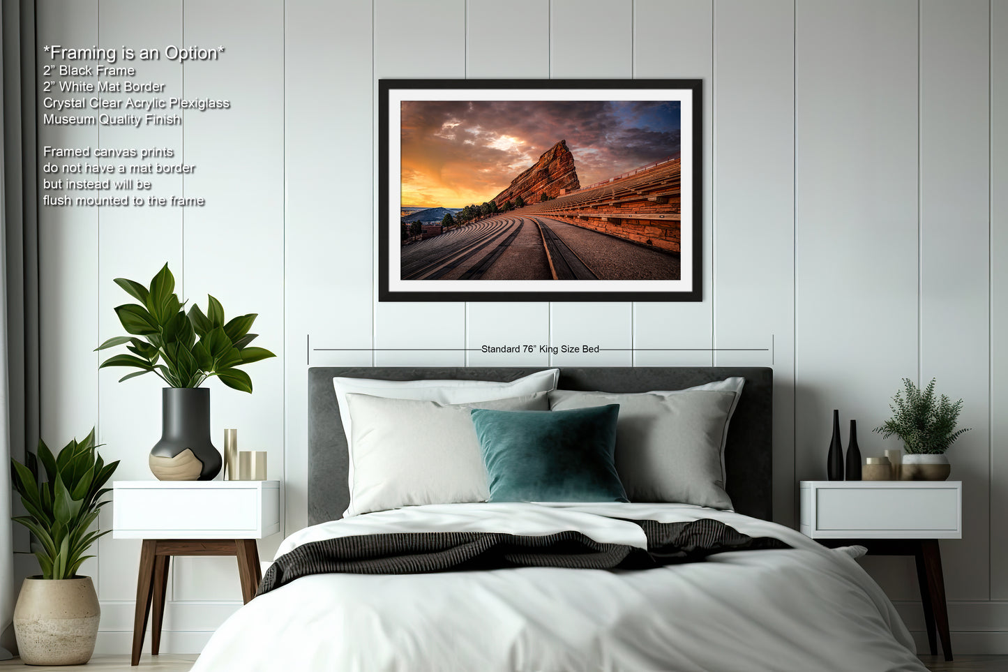 a bedroom with a bed and a picture on the wall