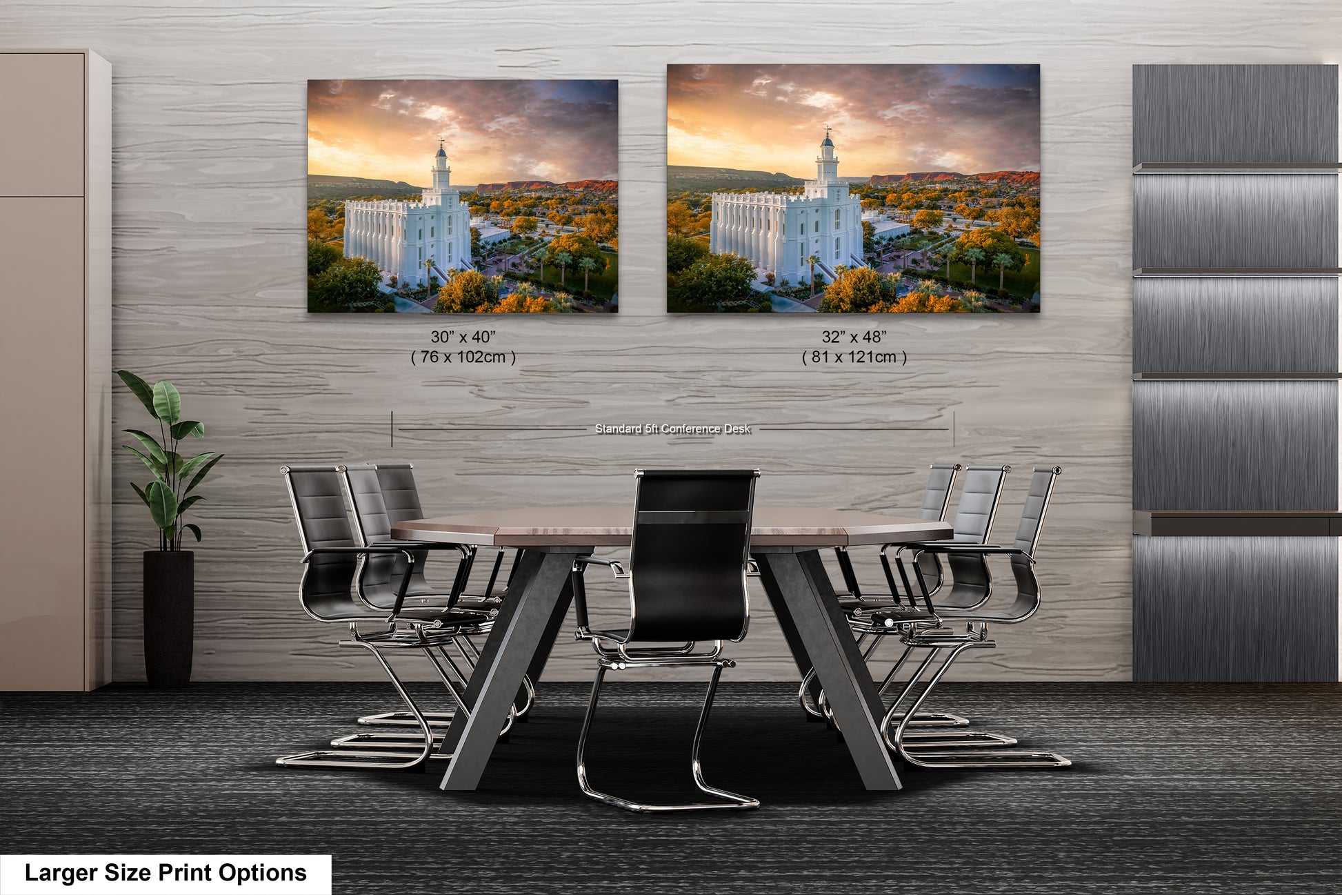 a dining room table with chairs and two pictures on the wall