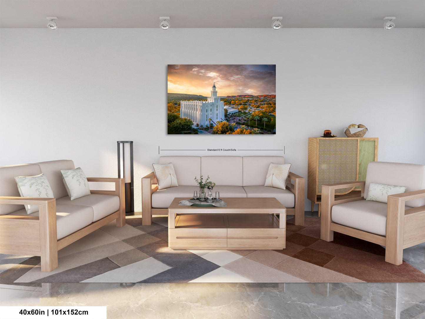 a living room filled with furniture and a painting on the wall