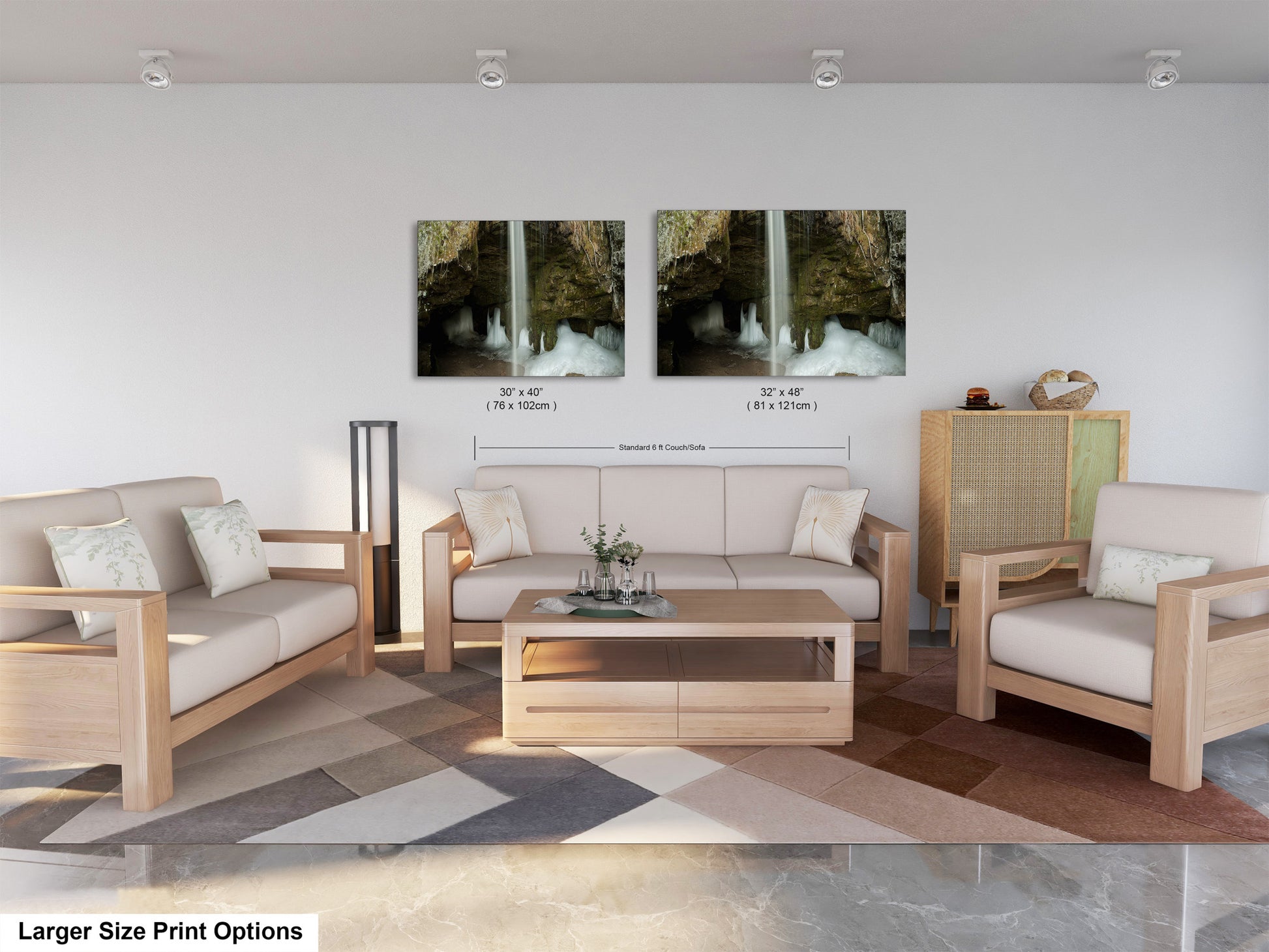 a living room filled with furniture and a painting on the wall