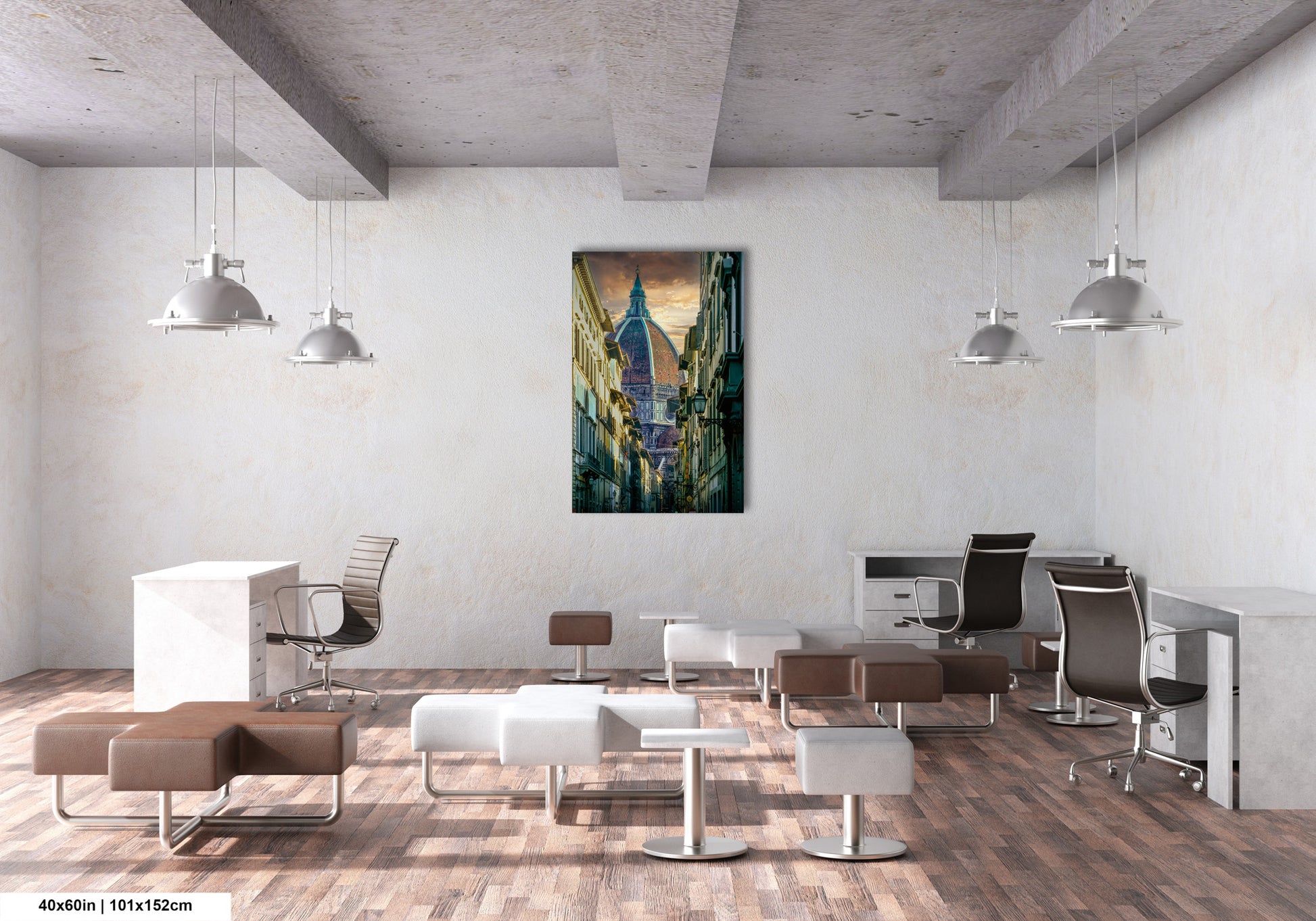 a room with a lot of chairs and a painting on the wall