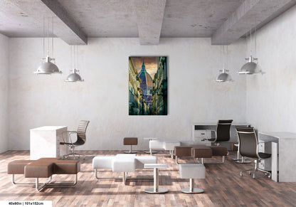 a room with a lot of chairs and a painting on the wall