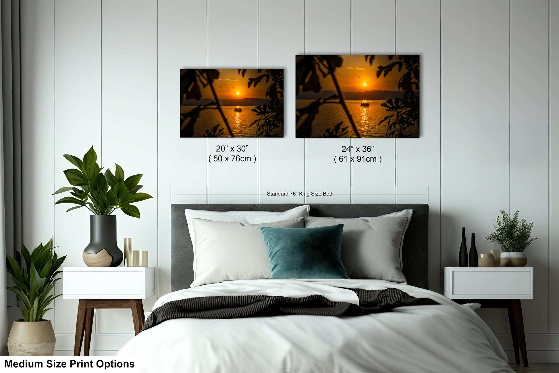 a bedroom with a bed and two pictures on the wall