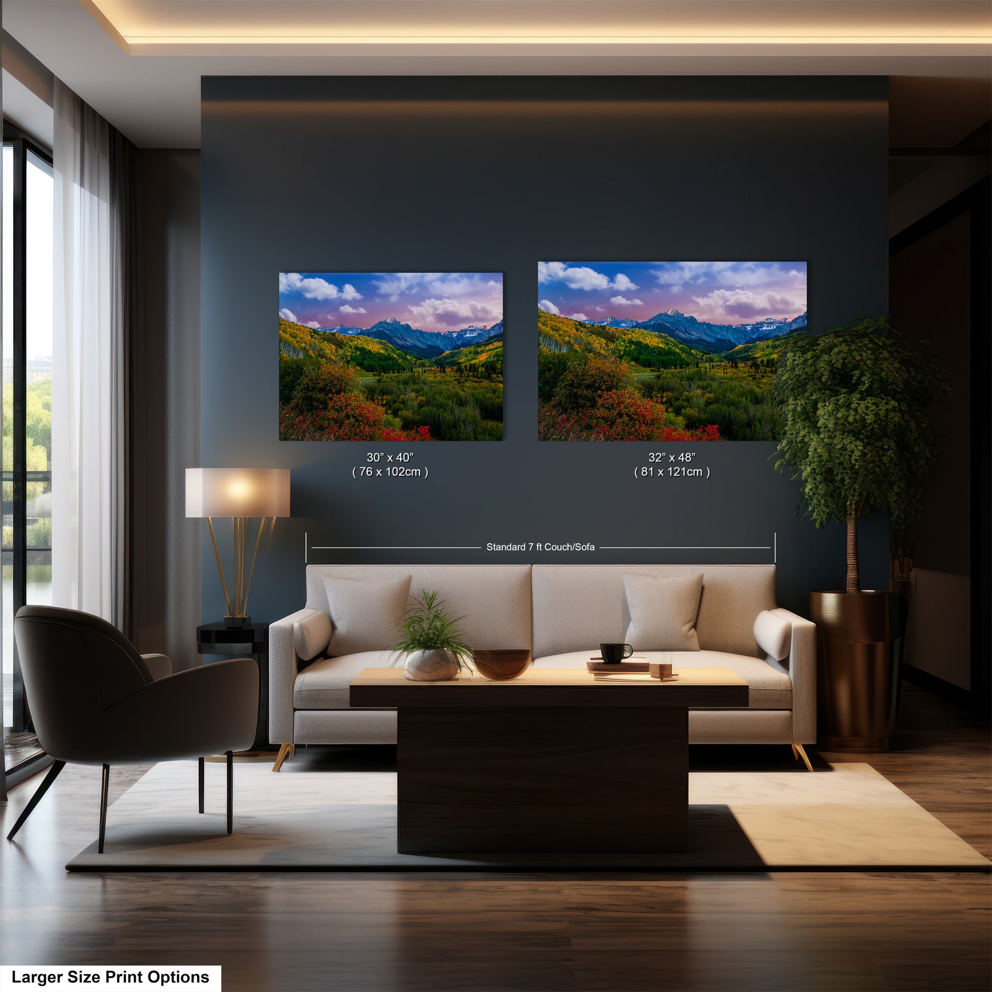 a living room filled with furniture and a painting on the wall