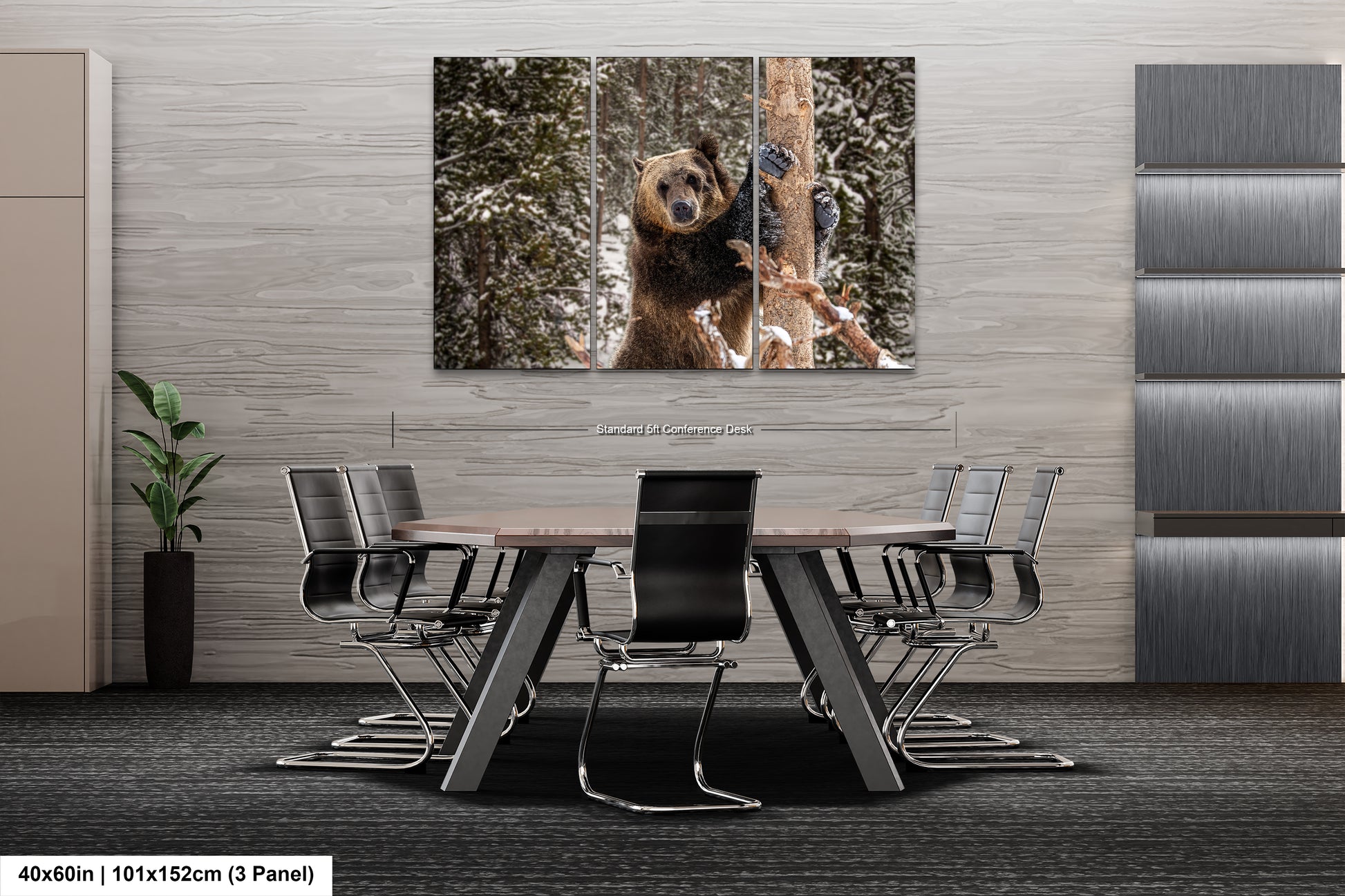 a dining room table with chairs and a picture of a dog hanging on the wall