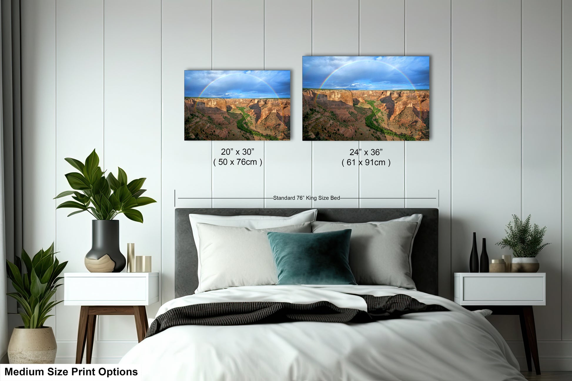 a bed room with a neatly made bed and two pictures on the wall