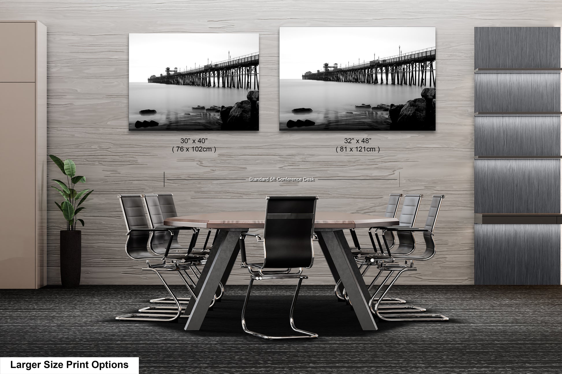 a dining room table with chairs and a picture of a bridge