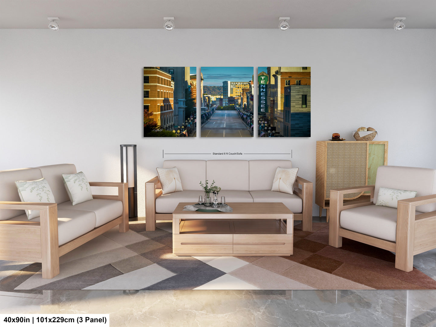 a living room filled with furniture and a painting on the wall