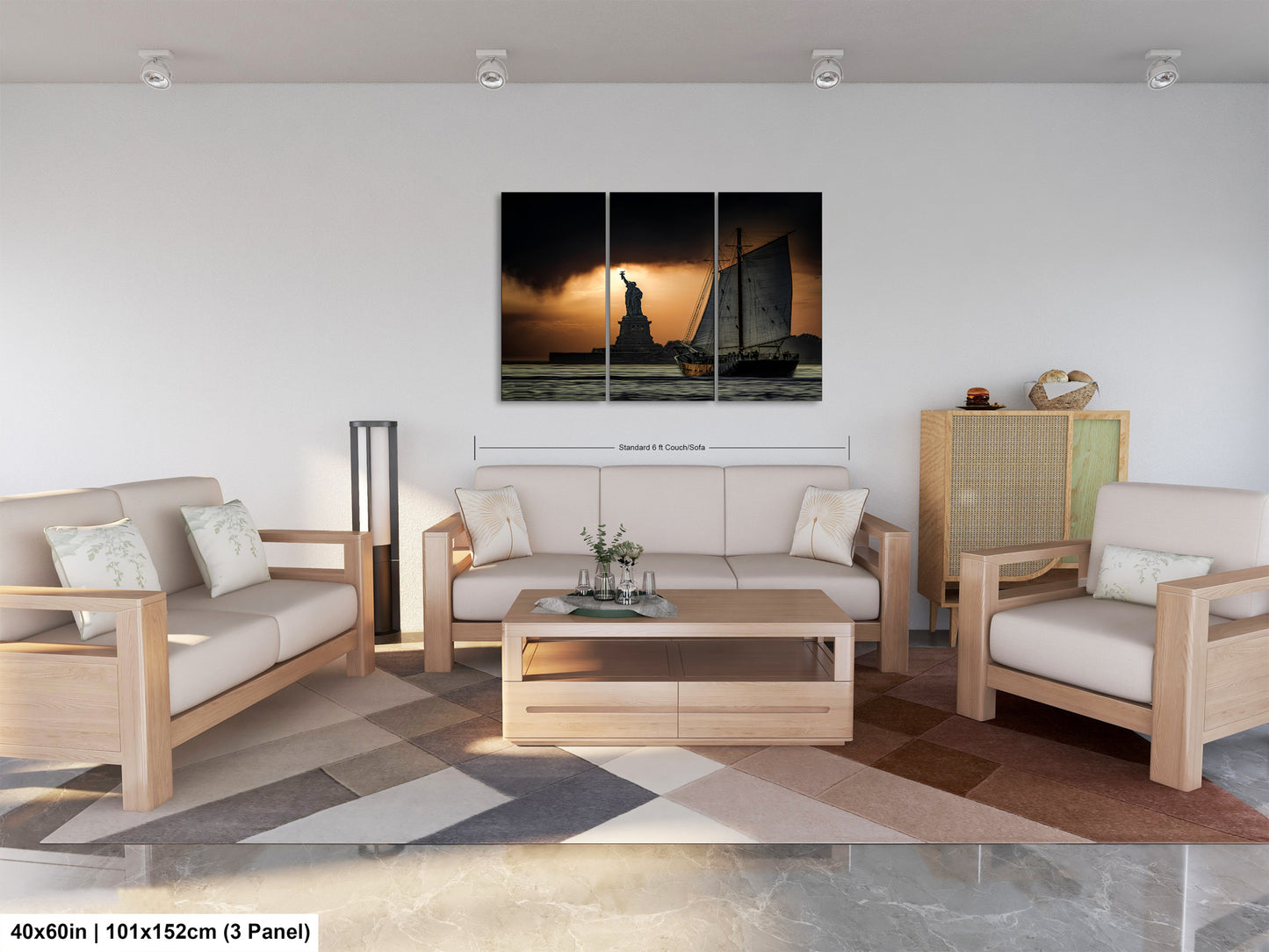 a living room filled with furniture and a painting on the wall