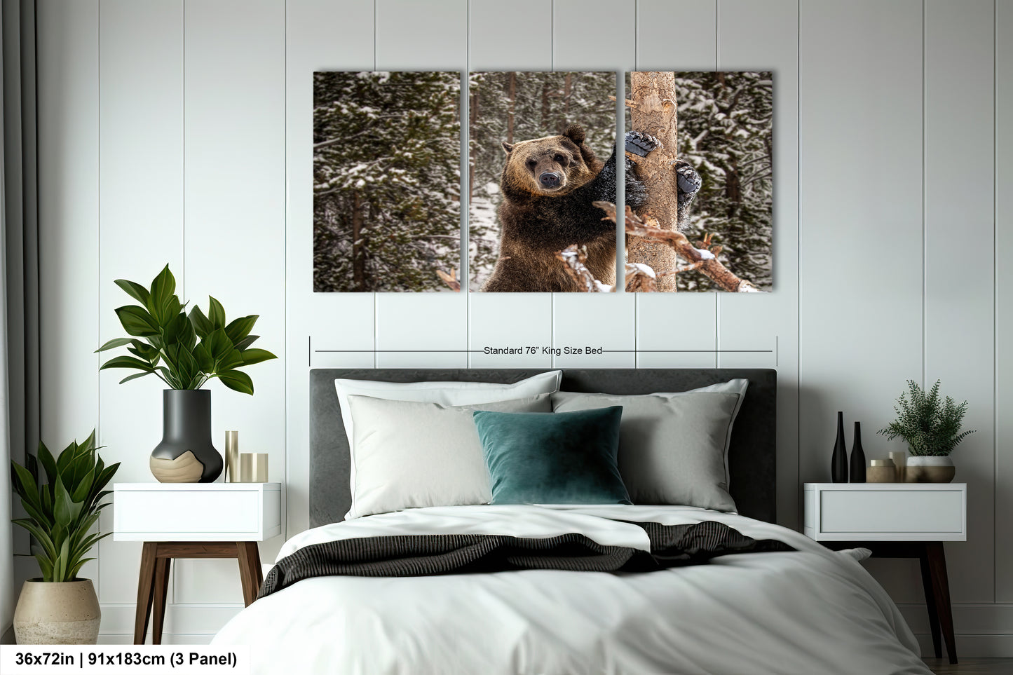 a bed room with a neatly made bed and two pictures on the wall