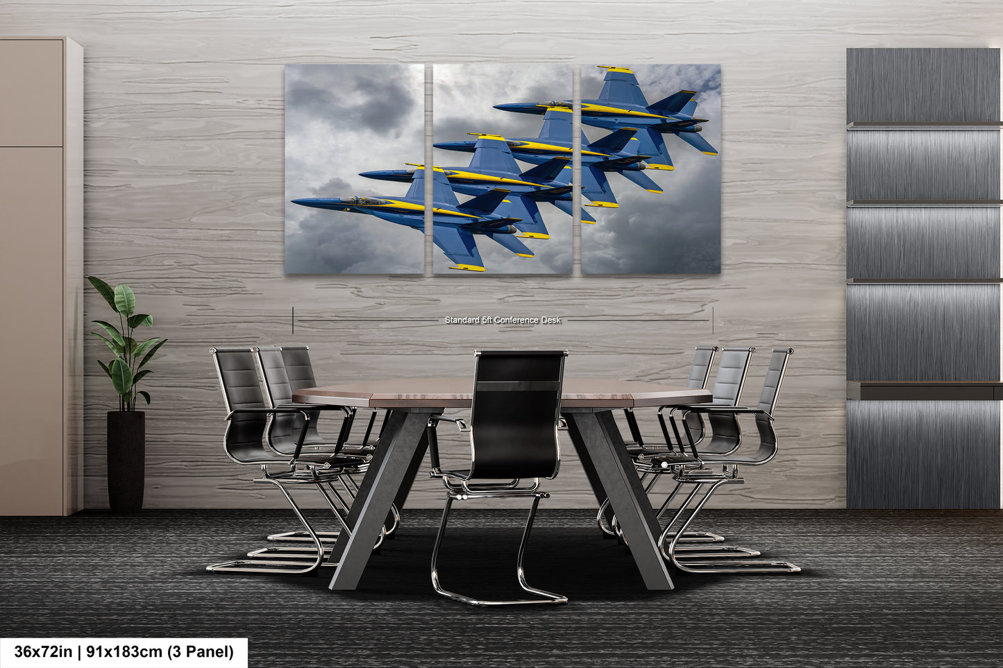 a group of blue and yellow fighter jets flying in the sky