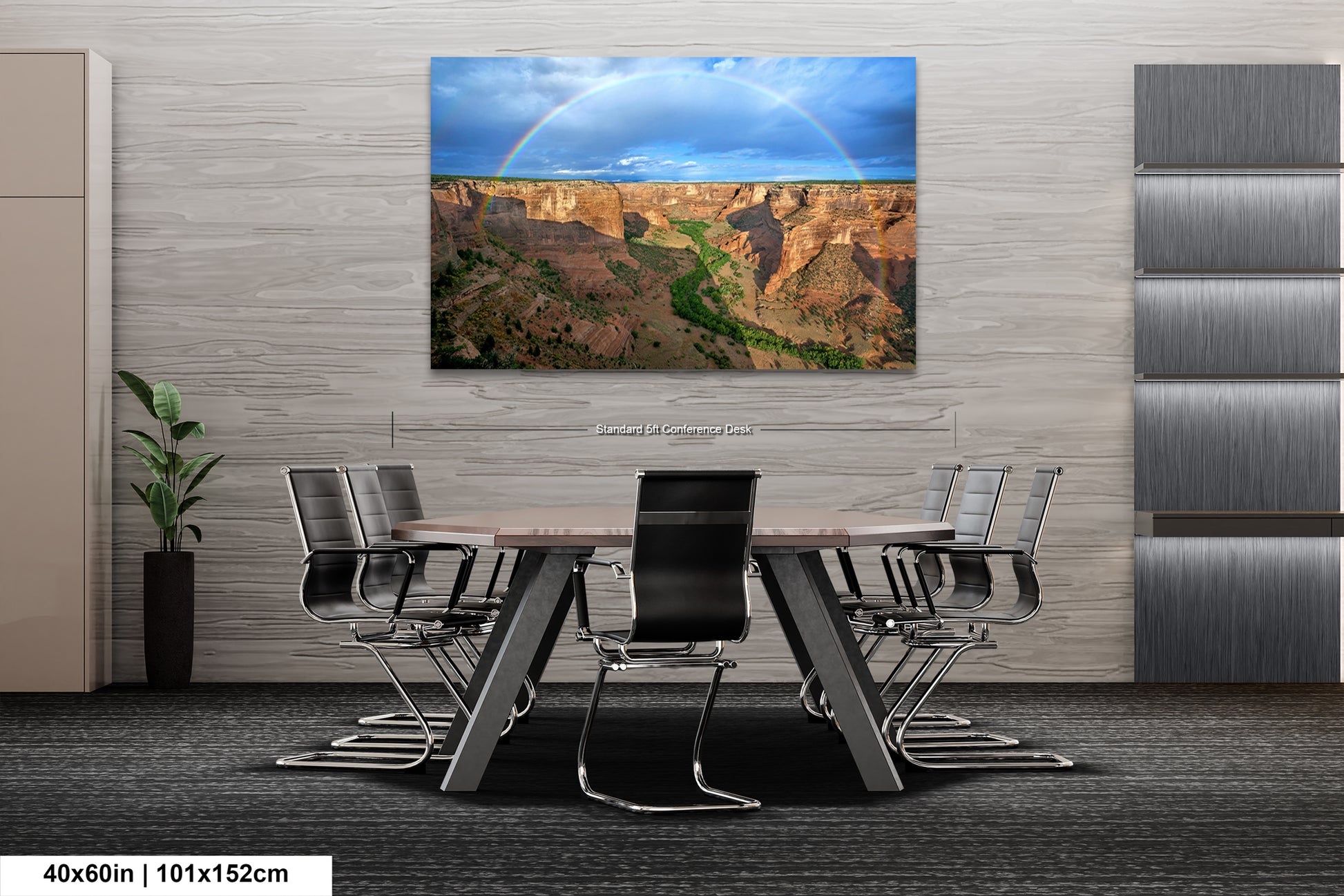a dining room table with a view of a rainbow in the sky